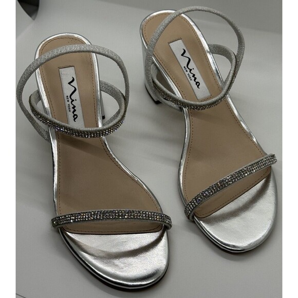 Nina Nissy True Silver Ankle Strap Rhinestone Block Heel Sandal SZ6 1/2 - Picture 3 of 9